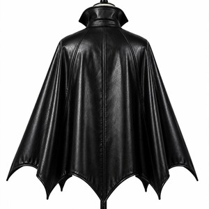 Back view of black vampire batwing cloak on mannequin showing long gothic cape, high collar and scalloped hem