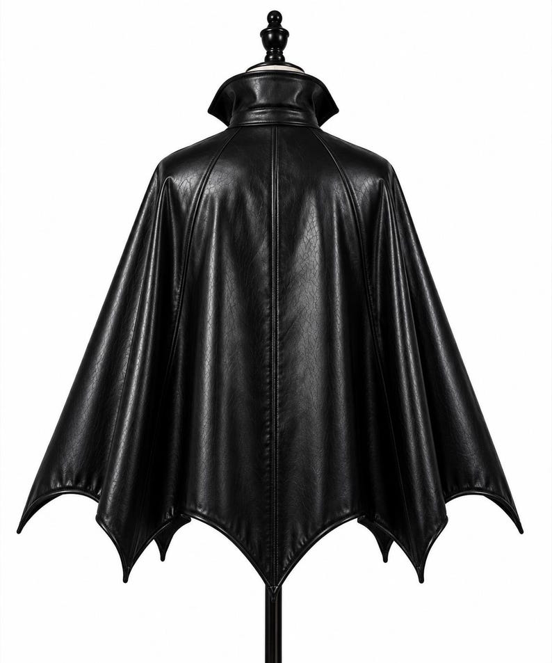 Back view of black vampire batwing cloak on mannequin showing long gothic cape, high collar and scalloped hem