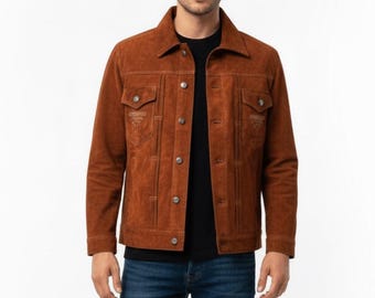 Men’s Brown Suede Leather Cowboy Jacket – Handmade Western Retro Vintage Suede Coat
