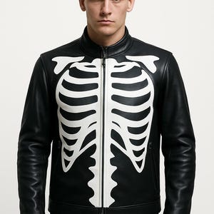 Men&#39;s Skeleton Leather Biker Jacket | Halloween Costume | Gothic Punk Motorcycle Bones Jacket | Rocker Cosplay Outfit for Men