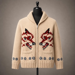 Puede incluir: Una chaqueta de punto beige con cremallera, cuello chal y dos bolsillos delanteros. La prenda presenta un patrón de intarsia de dos cabezas de zorro estilizadas en rojo, negro y blanco en el pecho, con pequeños motivos florales azules en el dobladillo.