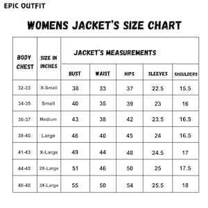 Może przedstawiać: Czarno-biała tabela rozmiar&oacute;w kurtki z nagł&oacute;wkiem EPIC OUTFIT WOMENS JACKET'S SIZE CHART. Tabela zawiera wymiary klatki piersiowej w calach oraz wymiary kurtki w zakresie biustu, talii, bioder, rękaw&oacute;w i ramion dla rozmiar&oacute;w od X-Small do 3X-Large.