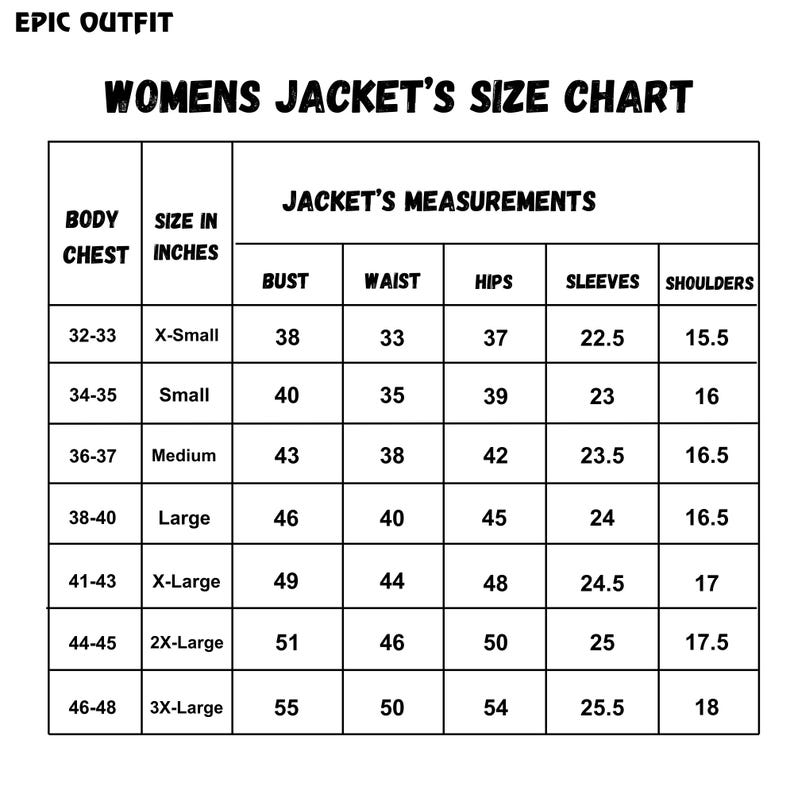 Może przedstawiać: Czarno-biała tabela rozmiar&oacute;w kurtki z nagł&oacute;wkiem EPIC OUTFIT WOMENS JACKET'S SIZE CHART. Tabela zawiera wymiary klatki piersiowej w calach oraz wymiary kurtki w zakresie biustu, talii, bioder, rękaw&oacute;w i ramion dla rozmiar&oacute;w od X-Small do 3X-Large.