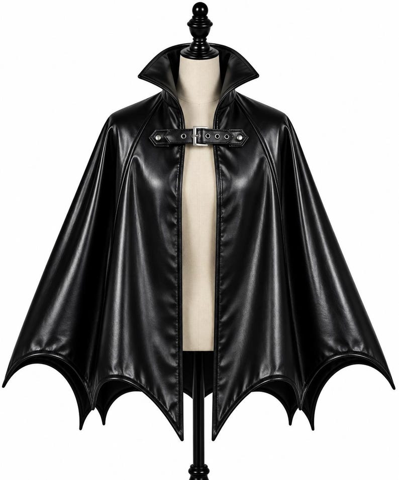 Black gothic vampire batwing cape on mannequin, long leather cloak with high collar and front buckle closure