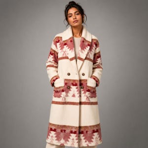 Beth Dutton Inspired Pink Fleece Coat Western Aztec Trench Jacket Women Winter Outerwear
