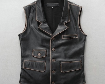 Handmade Distressed Black Sheepskin Leather Biker Vest - Men's Riding Club Style