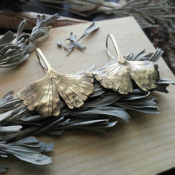 Ginkgo Leaf Hanging Earrings Ritual Remains Sterling Silver Brass Leaf Mountain Jewelry Forest Nature Jewelry Free Shipping Handmade Jewelry