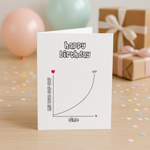 Peut inclure: Carte de vœux blanche avec l'inscription "happy birthday" en noir. La carte présente un graphique avec un cœur, les mots "my love for you" et le symbole de l'infini.