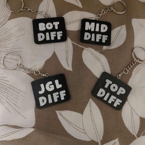 May include: Four black keychains with silver key rings. Each keychain has a square tag with white text. The text on the tags reads: BOT DIFF, MID DIFF, JGL DIFF, and TOP DIFF. The keychains are on a floral patterned background.