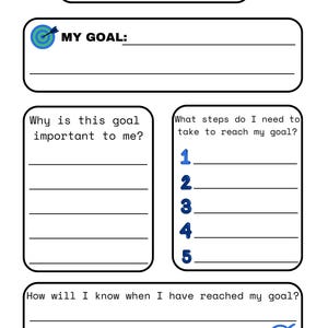 May include: A white goal-setting sheet with the title "My Goal Setting Sheet" at the top. The sheet includes sections for defining goals, reasons, steps, and goal achievement. A blue target graphic is present.