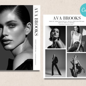 Op de afbeelding: Een zwart-wit modellenportfolio met de naam "AVA BROOKS". Het bevat een close-up en meerdere foto's van het model in verschillende poses. De portfolio bevat ook informatie over lengte, gewicht, borst-, heup- en taillematen.