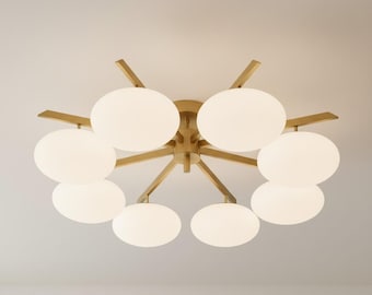 Lampadario moderno di metà secolo - Lampada a globo in ottone opalino italiano fatta a mano