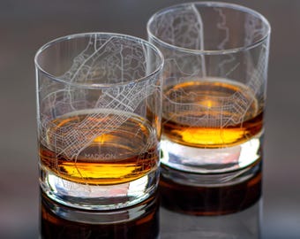 RESSCU Madison City Map | Laser Etched Whiskey Glasses (11 oz) | Set of 2 with Gift Box | Unique Gift | Rocks glass tumbler | Downtown