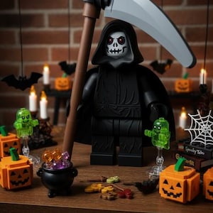 Könnte beinhalten: Eine schwarze Lego-Figur des Sensenmanns mit einer Sense, umgeben von Halloween-Dekorationen. Die Szene umfasst Kürbisse, einen Kessel und durchscheinende grüne Geisterfiguren. Der Hintergrund zeigt eine Backsteinmauer und Kerzen.