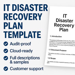 May include: A document titled "IT Disaster Recovery Plan Template" with key features like "Audit-proof" and "Cloud-ready." A second page displays the same title and introductory text, providing a detailed overview.