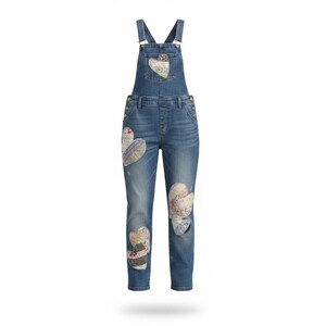 May include: Blue denim overalls featuring a medium wash and a straight-leg cut. The garment is decorated with multiple quilted heart-shaped patches in various floral and striped patterns on the chest, the left thigh, and the lower legs.
