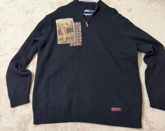 Golf Tapestry Upcycled Polo Ralph Lauren Black Quarter Zip Sweater XLT by Velvet Familiar