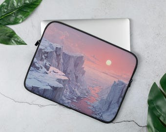 Funda para portátil: Atardecer ártico con arte pixel retro, acantilados helados y océano congelado