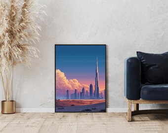 Arte de pared con marco retro del horizonte del Burj Khalifa, impresión retro de Dubái, póster pixel art del Burj Khalifa, decoración de paisaje desértico, impresión de pared moderna