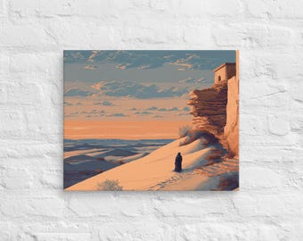 Paseo solitario por las dunas: arte mural retro de píxeles en lienzo, obra de arte paisajística serena