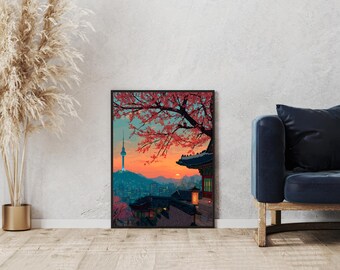 Arte mural de Seúl: Impresión del Palacio de Gyeongbokgung / Póster de viaje retro / Obra de arte emblemática de Corea para la decoración del hogar