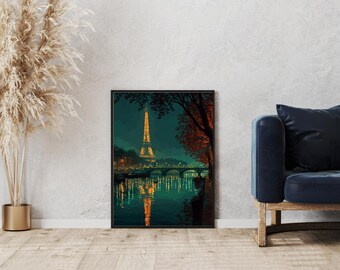 Arte mural parisino retro con marco de la Torre Eiffel, impresión de escena nocturna de París pixelada, decoración urbana, obra de arte del río Sena, impresión mural moderna con marco.