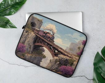 Funda para portátil: Tren vintage con diseño de pixel art retro sobre un puente ferroviario con acantilados panorámicos