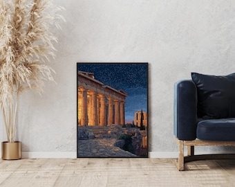 Arte mural de Atenas: Impresión del Partenón y la Acrópolis / Póster de viaje retro / Obra de arte de un monumento griego para la decoración del hogar