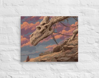 El Vagabundo y los Huesos del Dragón – Arte mural retro de píxeles en lienzo, paisaje de fantasía épica