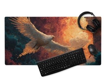 Gaming Mousepad | Golden Eagle Pixel Art Sunset Print | Bird flying Landscape | Whimsical Nature