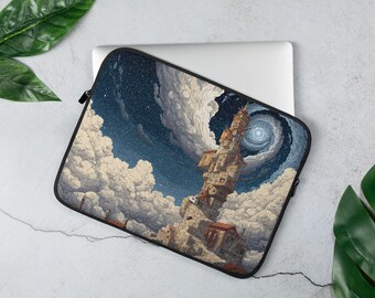 Funda para portátil: Torre espiral con diseño de píxeles retro, escena de fantasía surrealista