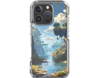 Funda para iPhone 15, 15 Pro, 16, 16 Pro: Diseño de arte de píxeles de cuevas y acantilados de ríos escénicos para gamers.