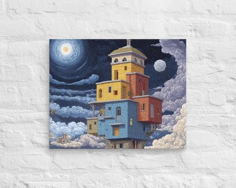 Guardián de las Islas Flotantes – Arte mural retro de píxeles en lienzo, escena de fantasía del cielo y el océano