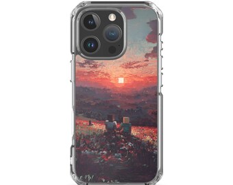 Funda para iPhone 15, 15 Pro, 16, 16 Pro: Atardecer romántico / Paisaje de pareja con pixel art, naturaleza caprichosa