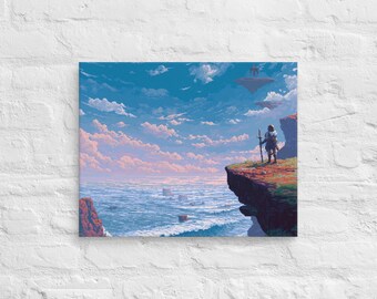 Héroe con vistas al horizonte infinito: arte de pared retro de píxeles en lienzo, escena de aventura fantástica
