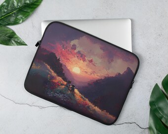 Funda para portátil: Pradera con puesta de sol en pixel art retro, escena romántica inspirada en Minecraft