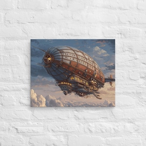 Steampunk Luftschiff über den Wolken - Retro Leinwand Pixel Wandbild, Vintage Fantasy Luftschiff