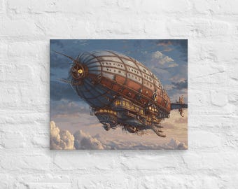 Dirigible Steampunk sobre las nubes: arte mural retro de píxeles en lienzo, nave espacial de fantasía vintage