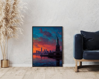 Impresión de arte pixelado de la Estatua de la Libertad de Nueva York / Arte mural retro de paisaje urbano / Decoración del horizonte de Nueva York al atardecer / Regalo de viaje a Estados Unidos