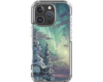 Funda para iPhone 15, 15 Pro, 16, 16 Pro – Retro Pixel Northern Lights / Pixel Art Snowy Biome Aurora Borealis Gamer Cover