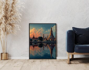 Impresión de pared de Wat Arun, póster retro del templo de Bangkok, arte de pared enmarcado de arquitectura tailandesa, decoración con reflejo del atardecer, impresión de paisaje pixelado