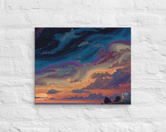 Observatorio bajo un atardecer cósmico: lienzo retro de píxeles, paisaje de cielo estrellado