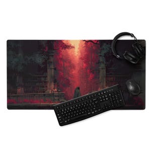 Gaming Mousepad - Dark Fantasy Desk Mat Pixel Forest Library Mouse Pad, Pixel Art Gamer Gift, Witchy Cottage core Office Decor