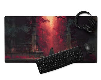 Gaming Mousepad - Dark Fantasy Desk Mat Pixel Forest Library Mouse Pad, Pixel Art Gamer Gift, Witchy Cottage core Office Decor