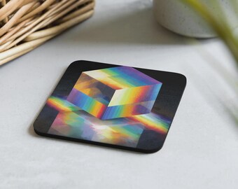 Posavasos con diseño de cubo arcoíris, pixel art, retro, geométrico, de ciencia ficción