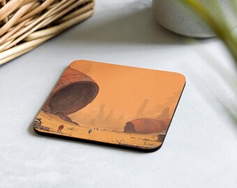 Posavasos – Decoración retro de ciencia ficción postapocalíptica con pixel art de un desierto