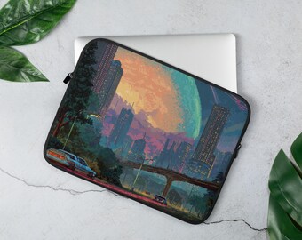 Funda para portátil: Ciudad de ciencia ficción con diseño retro pixel art y horizonte futurista