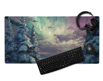 Gaming Mousepad - Northern – Pixel Art Snowy Biome Desk Mat – Aurora Borealis