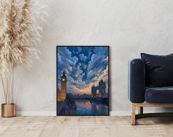 Arte mural de Londres: Impresión del Big Ben y el Tower Bridge / Póster de viaje retro / Ilustración del horizonte del Reino Unido para decoración del hogar