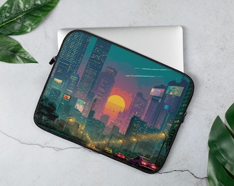 Funda para portátil: Ciudad ciberpunk con diseño retro de píxeles y horizonte de neón futurista